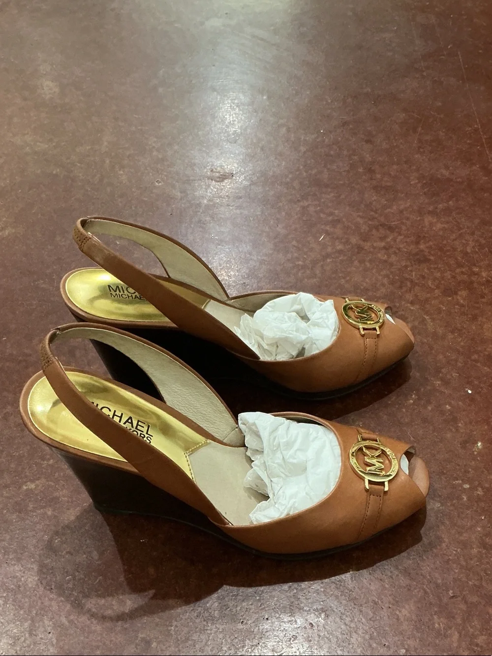 Michael Kors Brown Leather Peep-Toe Slingback Wedges with Gold MK Emblem